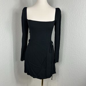 Reformation Rosalie Black Dress Square Neck Long Sleeve Wrap Skirt Mini Dress 6